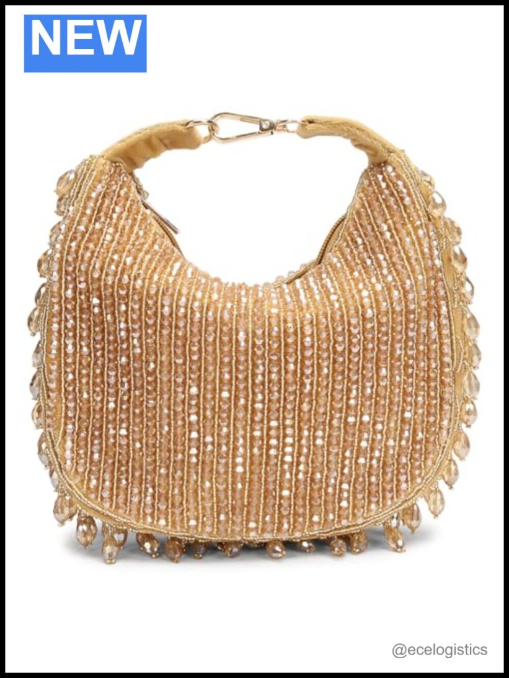 Gold Crystal Beaded Hobo Clutch Evening Bag with Zipper